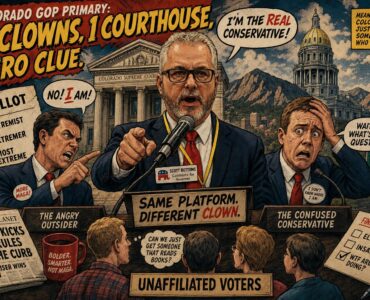 Three worried GOP candidates stand outside a Colorado courthouse as unaffiliated voters wait behind them.