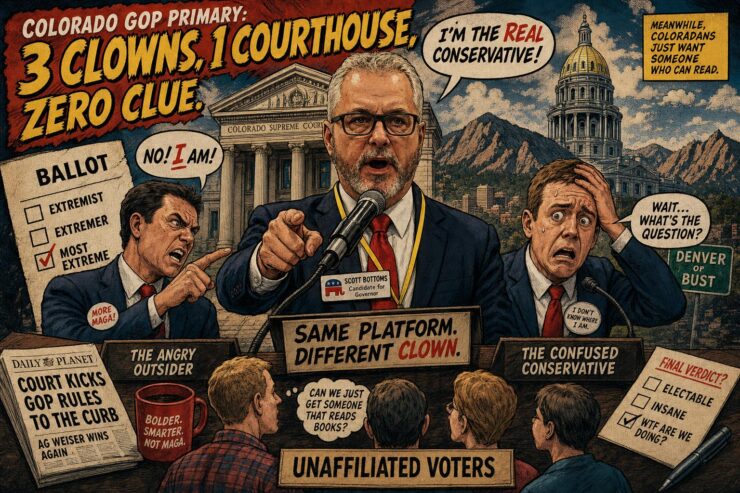 Three worried GOP candidates stand outside a Colorado courthouse as unaffiliated voters wait behind them.