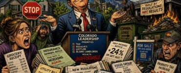 Smug Colorado official at the Capitol standing over bills for rent, groceries, insurance, and regulations
