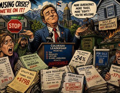 Smug Colorado official at the Capitol standing over bills for rent, groceries, insurance, and regulations