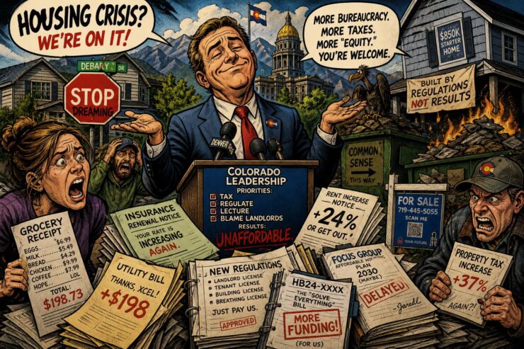 Smug Colorado official at the Capitol standing over bills for rent, groceries, insurance, and regulations