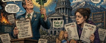 Healthy Colorado cartoon with Capitol official holding kale beside shopper with grocery and utility bills