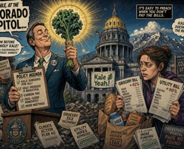 Healthy Colorado cartoon with Capitol official holding kale beside shopper with grocery and utility bills