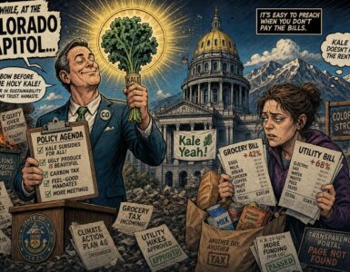 Healthy Colorado cartoon with Capitol official holding kale beside shopper with grocery and utility bills