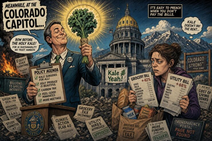 Healthy Colorado cartoon with Capitol official holding kale beside shopper with grocery and utility bills
