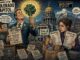 Healthy Colorado cartoon with Capitol official holding kale beside shopper with grocery and utility bills