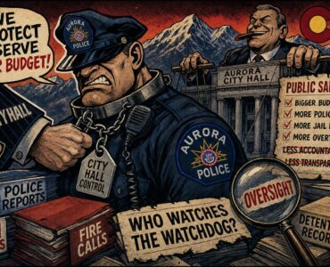 Aurora police badge in close view representing police oversight debate