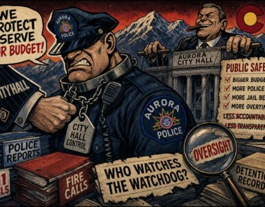 Aurora police badge in close view representing police oversight debate