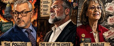 Three stylized Colorado GOP primary candidates in a tense political triptych