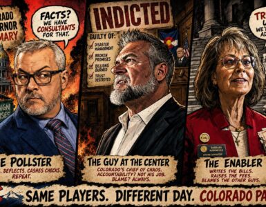 Three stylized Colorado GOP primary candidates in a tense political triptych