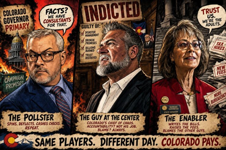 Three stylized Colorado GOP primary candidates in a tense political triptych