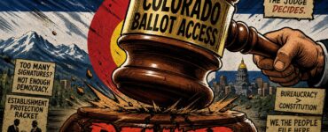 Colorado ballot access petition circulator near the Capitol with ballot sheets and a suspicious crowd