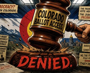 Colorado ballot access petition circulator near the Capitol with ballot sheets and a suspicious crowd