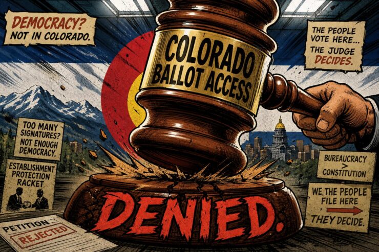 Colorado ballot access petition circulator near the Capitol with ballot sheets and a suspicious crowd