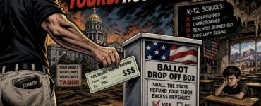 Colorado Capitol scene with a ballot box, school backpack, and taxpayer TABOR refund checks being pulled away