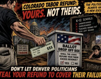 Colorado Capitol scene with a ballot box, school backpack, and taxpayer TABOR refund checks being pulled away