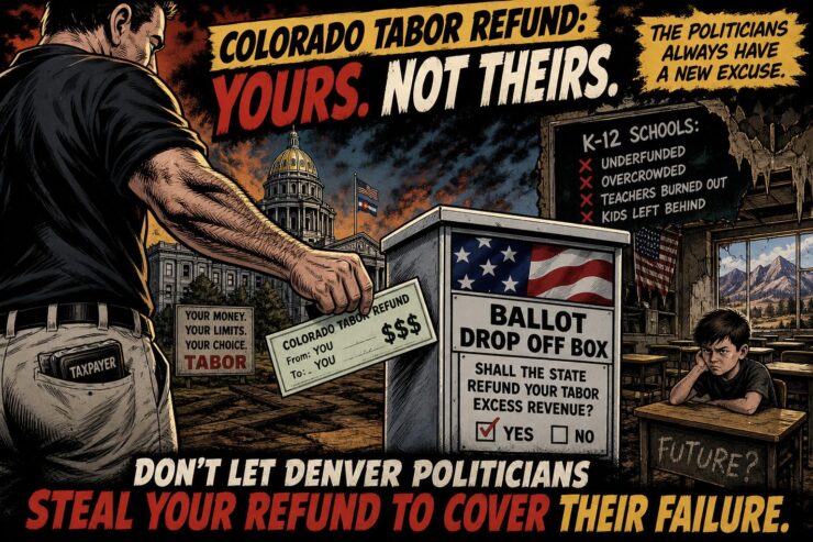 Colorado Capitol scene with a ballot box, school backpack, and taxpayer TABOR refund checks being pulled away