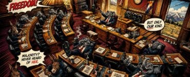 Comic-style Colorado Capitol with lawmakers carrying a duffel bag near a TABOR sign and courthouse papers