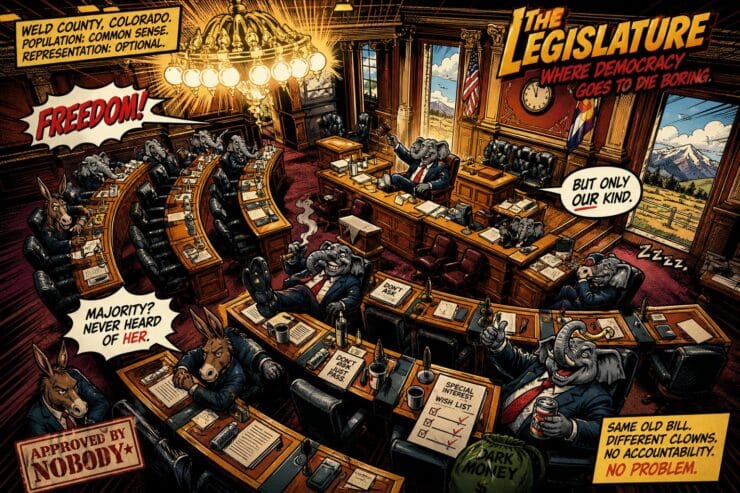 Comic-style Colorado Capitol with lawmakers carrying a duffel bag near a TABOR sign and courthouse papers