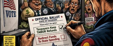 Comic style Colorado voter weighing Colorado TABOR refunds near the Capitol and school funding signs