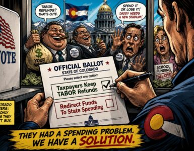 Comic style Colorado voter weighing Colorado TABOR refunds near the Capitol and school funding signs