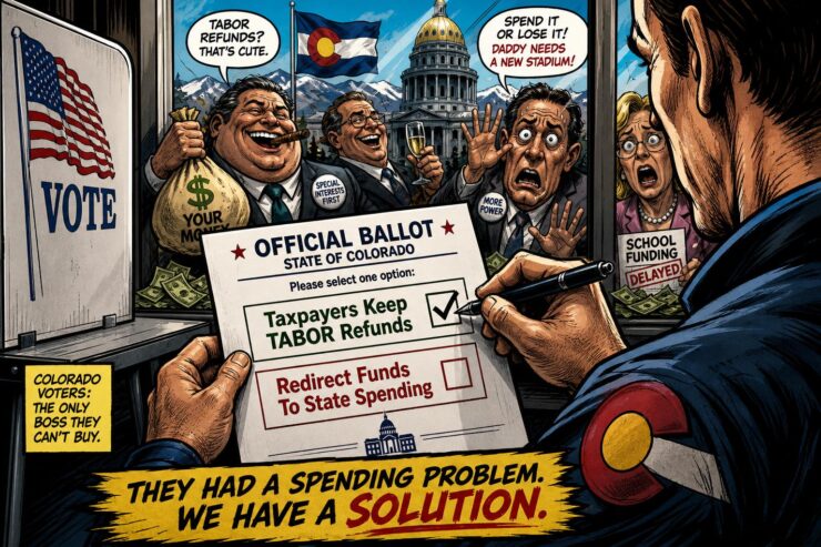 Comic style Colorado voter weighing Colorado TABOR refunds near the Capitol and school funding signs