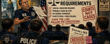 Comic-style ICE agent outside a Colorado courthouse holding papers under harsh lighting