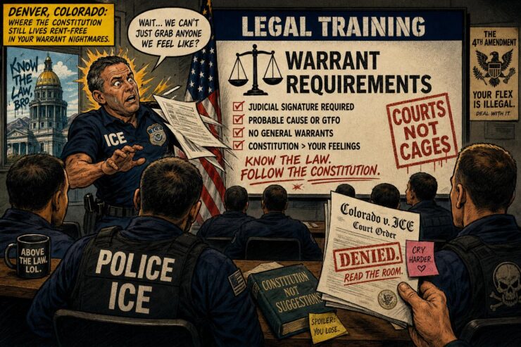 Comic-style ICE agent outside a Colorado courthouse holding papers under harsh lighting