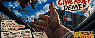 Denver wrong stop settlement depicted with police lights and taxpayers near City Hall