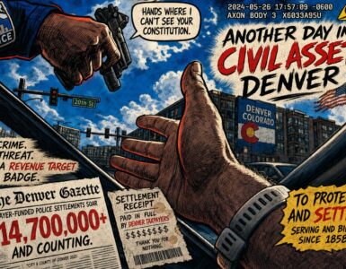 Denver wrong stop settlement depicted with police lights and taxpayers near City Hall