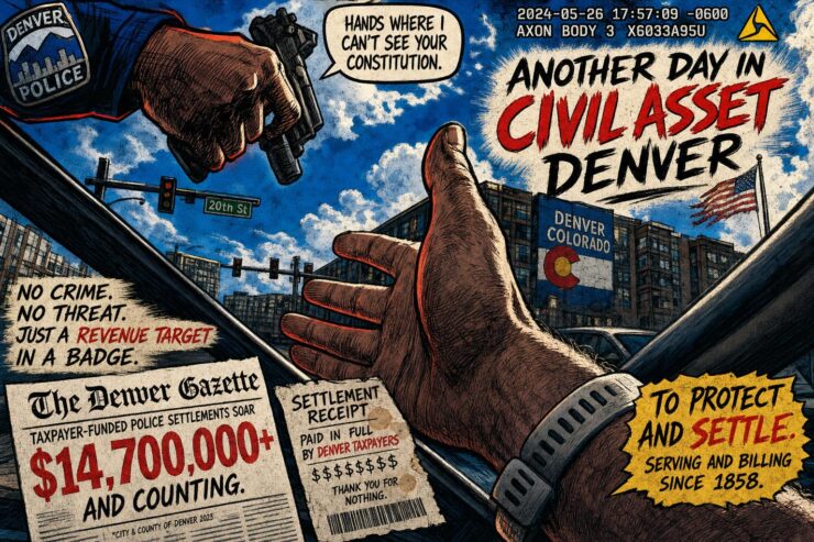 Denver wrong stop settlement depicted with police lights and taxpayers near City Hall