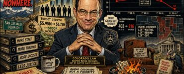 Suited Colorado legal official beside an empty witness chair with rural mountains and courthouse papers behind him