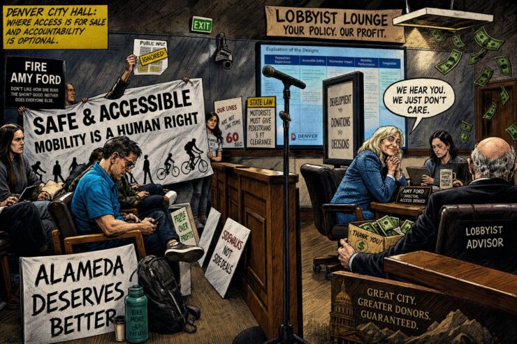 Comic-style Denver City Hall scene with lobbyists whispering near a council chamber and Colorado mountains behind it