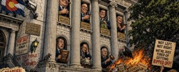 Colorado court orders and lawmakers shown in a satirical Capitol scene