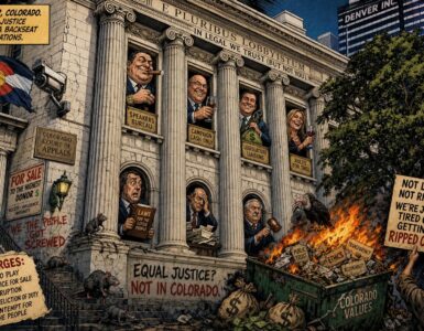 Colorado court orders and lawmakers shown in a satirical Capitol scene