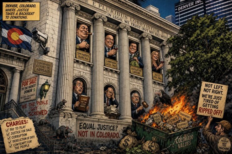 Colorado court orders and lawmakers shown in a satirical Capitol scene