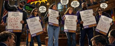 Comic-style Colorado capitol scene with lawmakers removing a second ballot box during a union fee debate