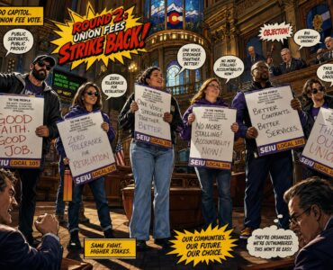 Comic-style Colorado capitol scene with lawmakers removing a second ballot box during a union fee debate