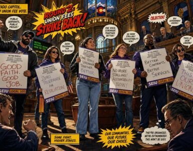 Comic-style Colorado capitol scene with lawmakers removing a second ballot box during a union fee debate