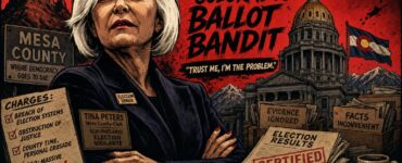 Comic scene of Tina Peters and Jared Polis amid Colorado Capitol papers and election trust chaos