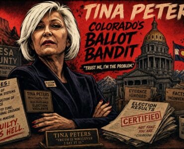 Comic scene of Tina Peters and Jared Polis amid Colorado Capitol papers and election trust chaos