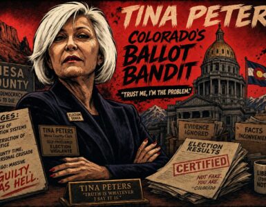 Comic scene of Tina Peters and Jared Polis amid Colorado Capitol papers and election trust chaos