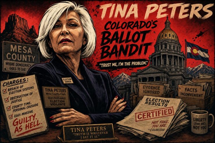 Comic scene of Tina Peters and Jared Polis amid Colorado Capitol papers and election trust chaos