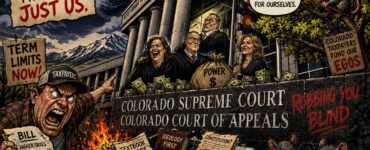 Comic illustration of a prosecutor figure with a megaphone outside a Colorado courthouse