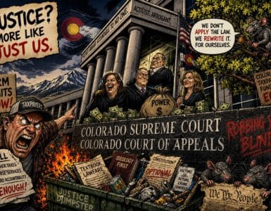 Comic illustration of a prosecutor figure with a megaphone outside a Colorado courthouse