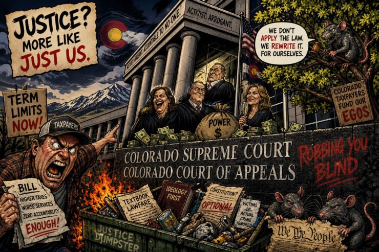 Comic illustration of a prosecutor figure with a megaphone outside a Colorado courthouse