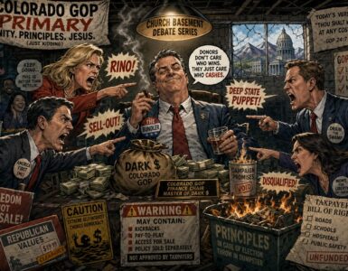Colorado GOP primary candidates argue in a smoky Capitol basement with campaign signs and mountain silhouettes
