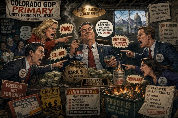 Colorado GOP primary candidates argue in a smoky Capitol basement with campaign signs and mountain silhouettes