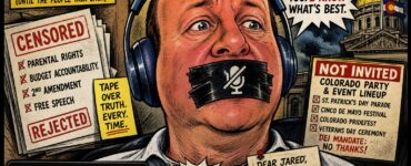 Comic illustration of Jared Polis with tape over his mouth on a Zoom screen at the Colorado Capitol