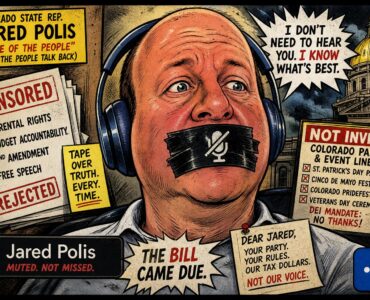 Comic illustration of Jared Polis with tape over his mouth on a Zoom screen at the Colorado Capitol